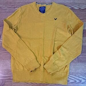 American Eagle V-Neck Sweater Mens Medium Mustard Yellow Athletic Fit Cotton